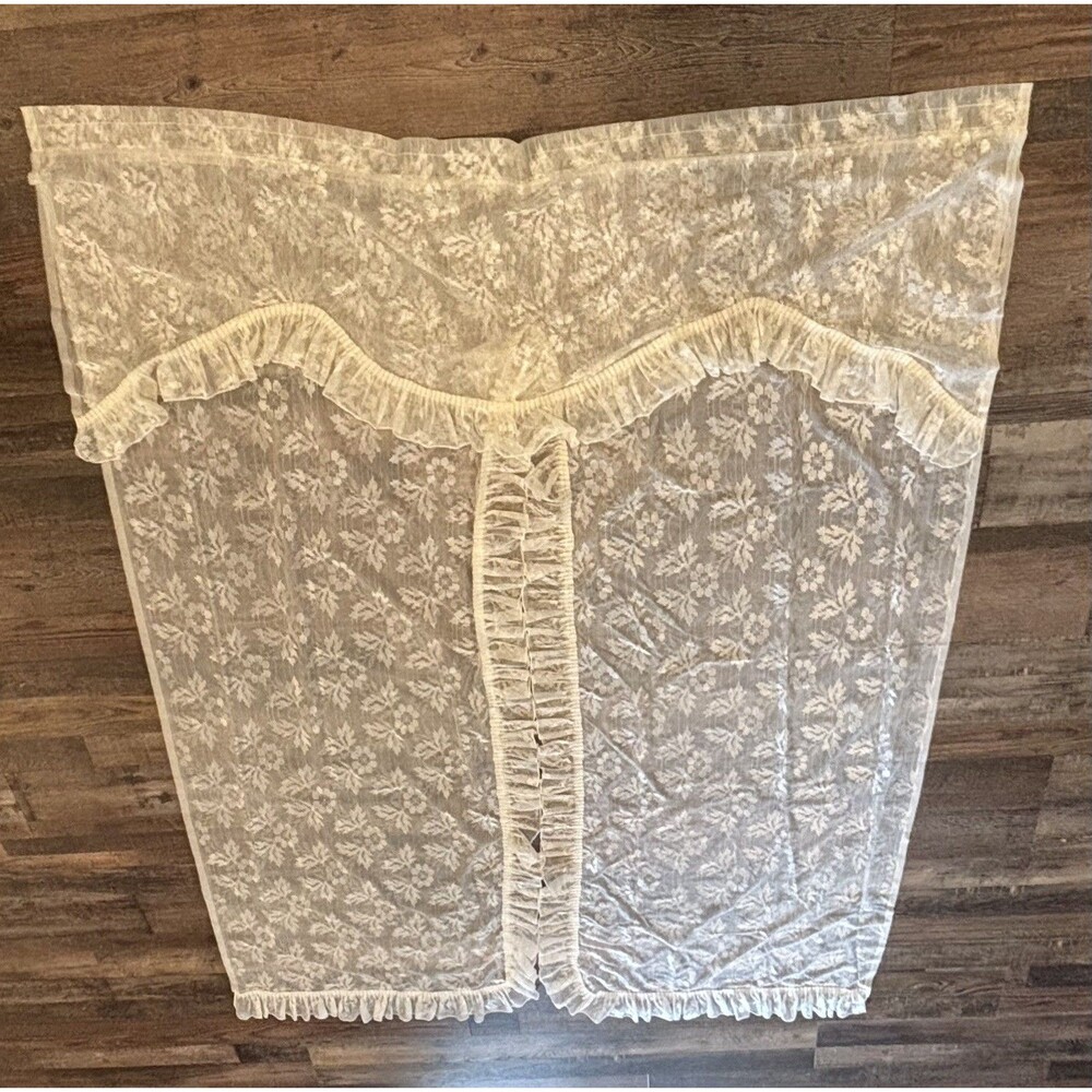 Vtg Ivory Floral Lace Curtain Ruffled Edges Attached Valance 58x84 Cottage Core - Picture 13 of 16